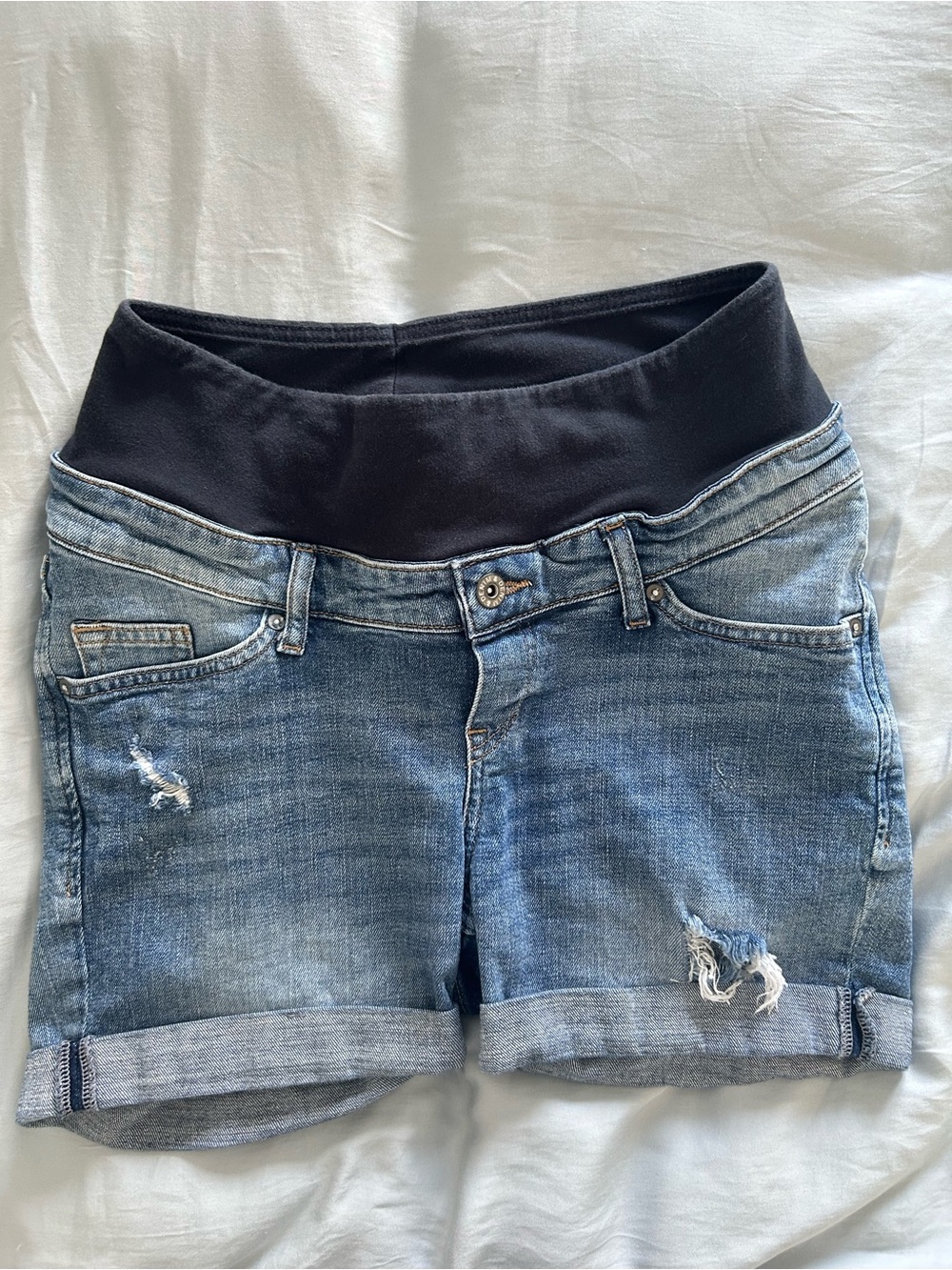 H&M Blue Denim Maternity Shorts with Navy Blue Knit Waistband